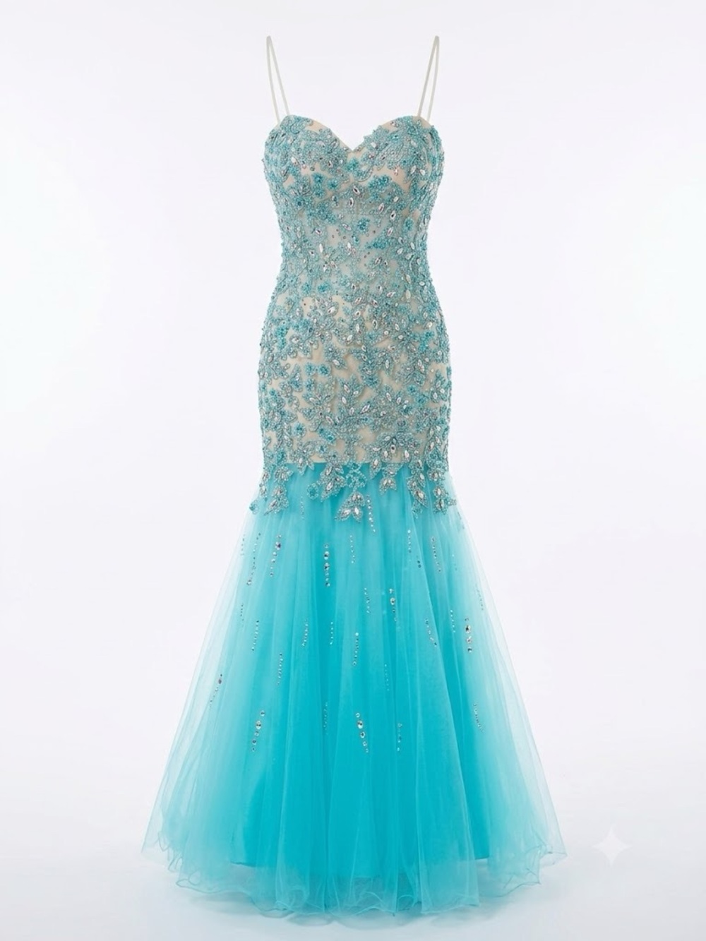 Embellished Aqua Tulle Mermaid Gown